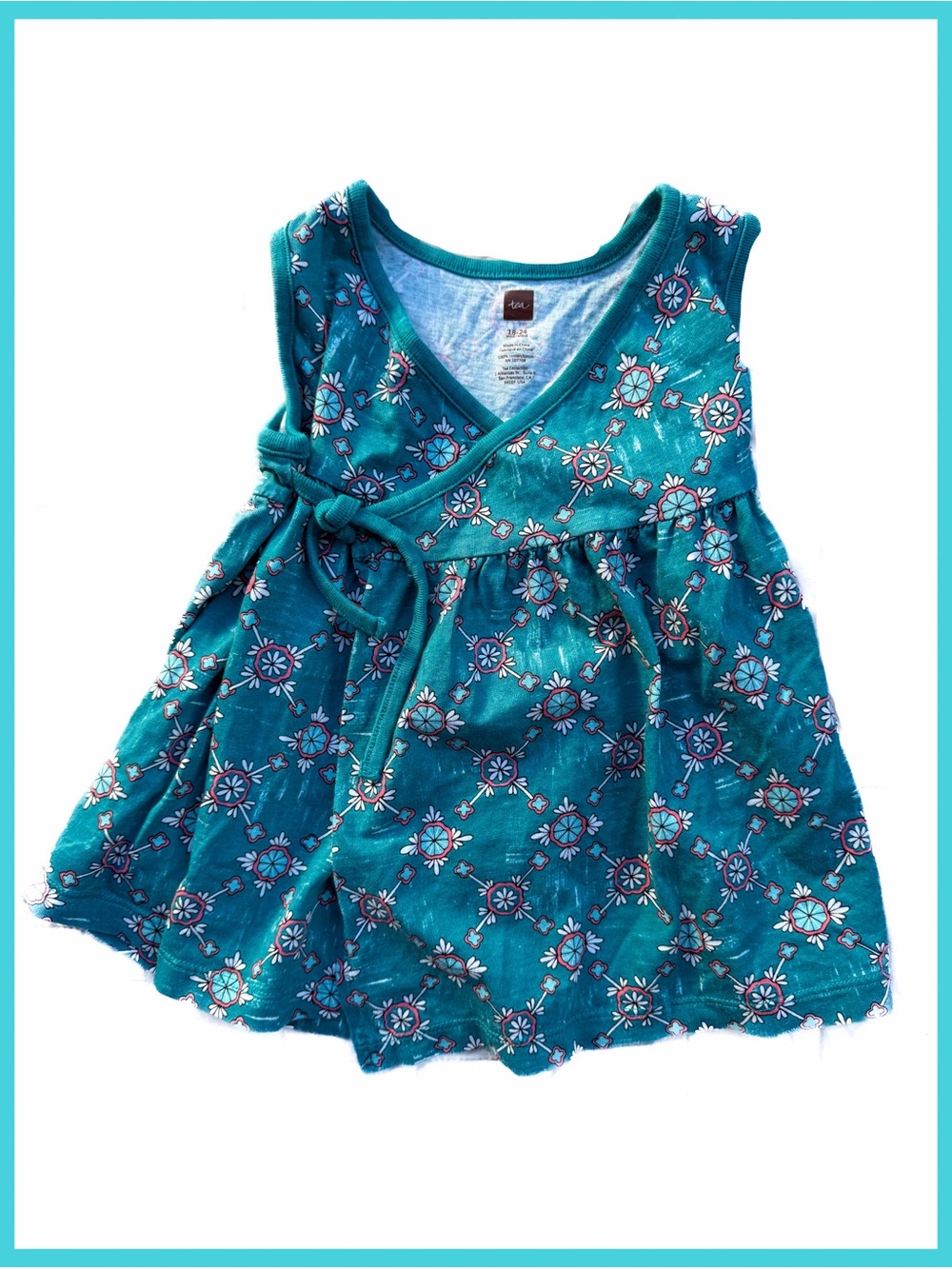 Tea Collection Teal Wrap Front Tie Geometric Dress 18-24 Girl Casual Fancy EUC
